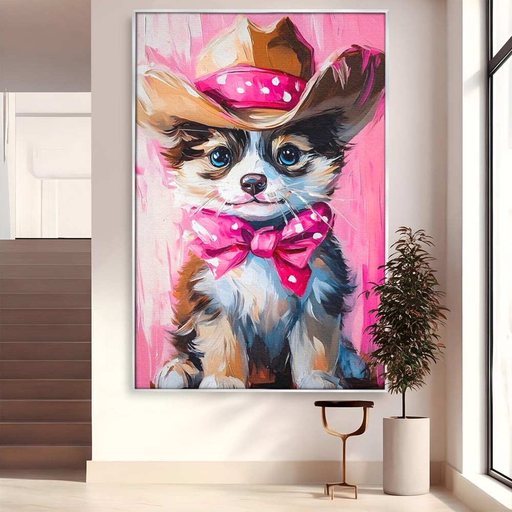 Tablou Canvas Premium, LuxCanva® M1495, Micutul Serif Roz, Catelus, Palarie, Cowboy, Dragalas, Fundita, Pufosenie, Dormitor, Birou, Living, Camera Copil