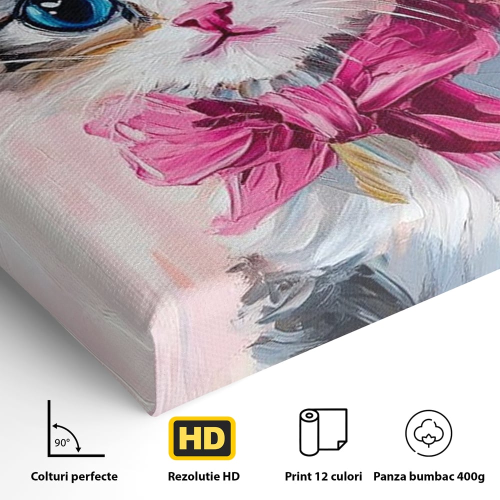 Tablou Canvas Premium, LuxCanva® M1496, Serif Pisicuta la Datorie, Cowboy, Pisica, Adorabil, Aventura, Roz, Fundita, Palarie, Copilarie, Dormitor, Birou, Living, Camera Copil