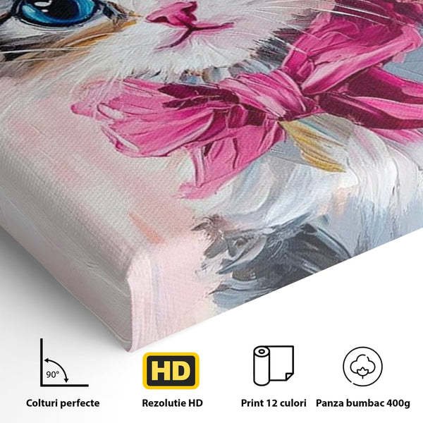 Tablou Canvas Premium, LuxCanva® M1496, Serif Pisicuta la Datorie, Cowboy, Pisica, Adorabil, Aventura, Roz, Fundita, Palarie, Copilarie, Dormitor, Birou, Living, Camera Copil