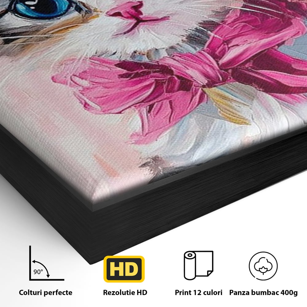 Tablou Canvas Premium, LuxCanva® M1496, Serif Pisicuta la Datorie, Cowboy, Pisica, Adorabil, Aventura, Roz, Fundita, Palarie, Copilarie, Dormitor, Birou, Living, Camera Copil