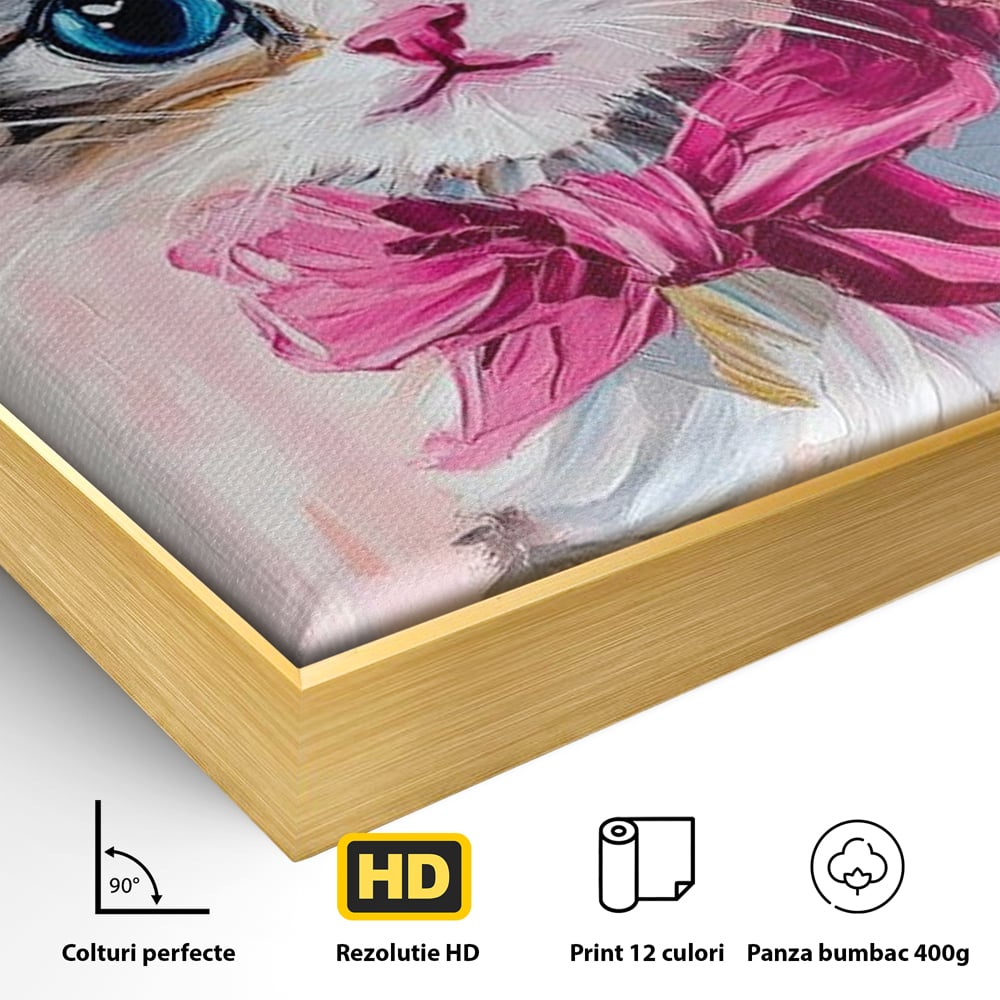 Tablou Canvas Premium, LuxCanva® M1496, Serif Pisicuta la Datorie, Cowboy, Pisica, Adorabil, Aventura, Roz, Fundita, Palarie, Copilarie, Dormitor, Birou, Living, Camera Copil