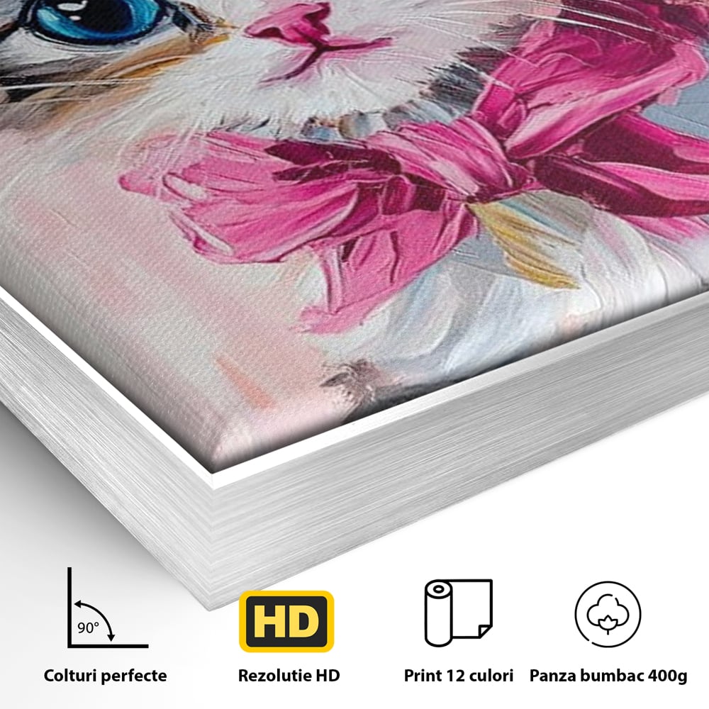 Tablou Canvas Premium, LuxCanva® M1496, Serif Pisicuta la Datorie, Cowboy, Pisica, Adorabil, Aventura, Roz, Fundita, Palarie, Copilarie, Dormitor, Birou, Living, Camera Copil