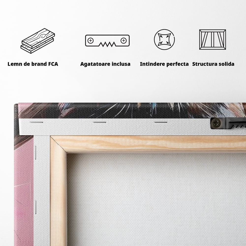 Tablou Canvas Premium, LuxCanva® M1496, Serif Pisicuta la Datorie, Cowboy, Pisica, Adorabil, Aventura, Roz, Fundita, Palarie, Copilarie, Dormitor, Birou, Living, Camera Copil