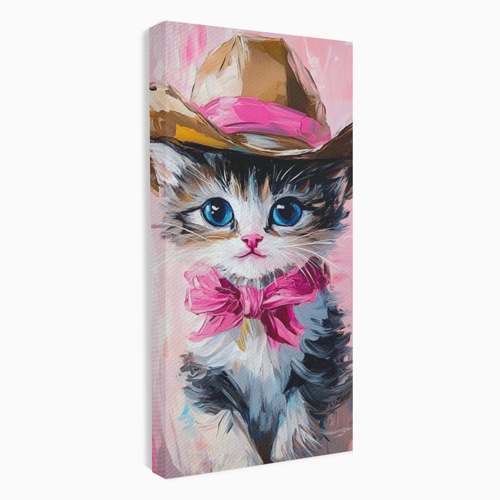 Tablou Canvas Premium, LuxCanva® M1496, Serif Pisicuta la Datorie, Cowboy, Pisica, Adorabil, Aventura, Roz, Fundita, Palarie, Copilarie, Dormitor, Birou, Living, Camera Copil