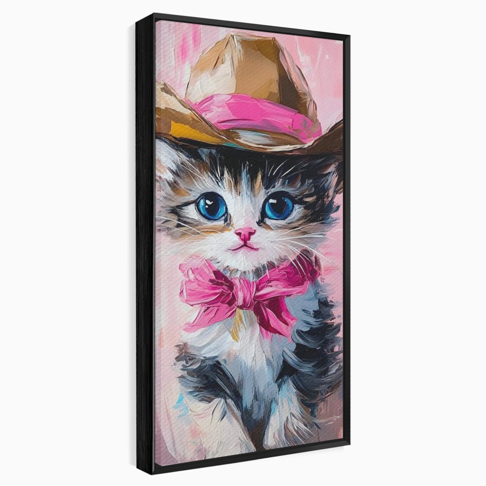 Tablou Canvas Premium, LuxCanva® M1496, Serif Pisicuta la Datorie, Cowboy, Pisica, Adorabil, Aventura, Roz, Fundita, Palarie, Copilarie, Dormitor, Birou, Living, Camera Copil