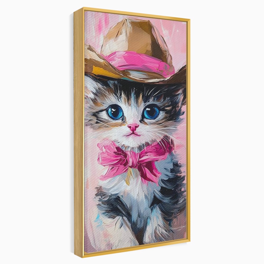 Tablou Canvas Premium, LuxCanva® M1496, Serif Pisicuta la Datorie, Cowboy, Pisica, Adorabil, Aventura, Roz, Fundita, Palarie, Copilarie, Dormitor, Birou, Living, Camera Copil