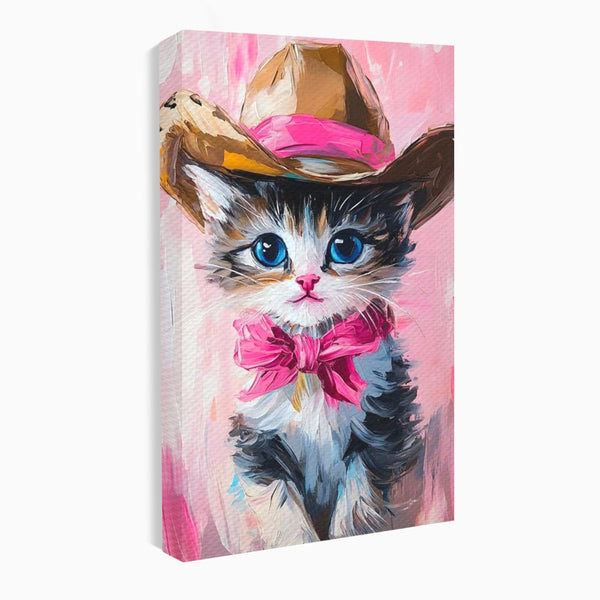 Tablou Canvas Premium, LuxCanva® M1496, Serif Pisicuta la Datorie, Cowboy, Pisica, Adorabil, Aventura, Roz, Fundita, Palarie, Copilarie, Dormitor, Birou, Living, Camera Copil
