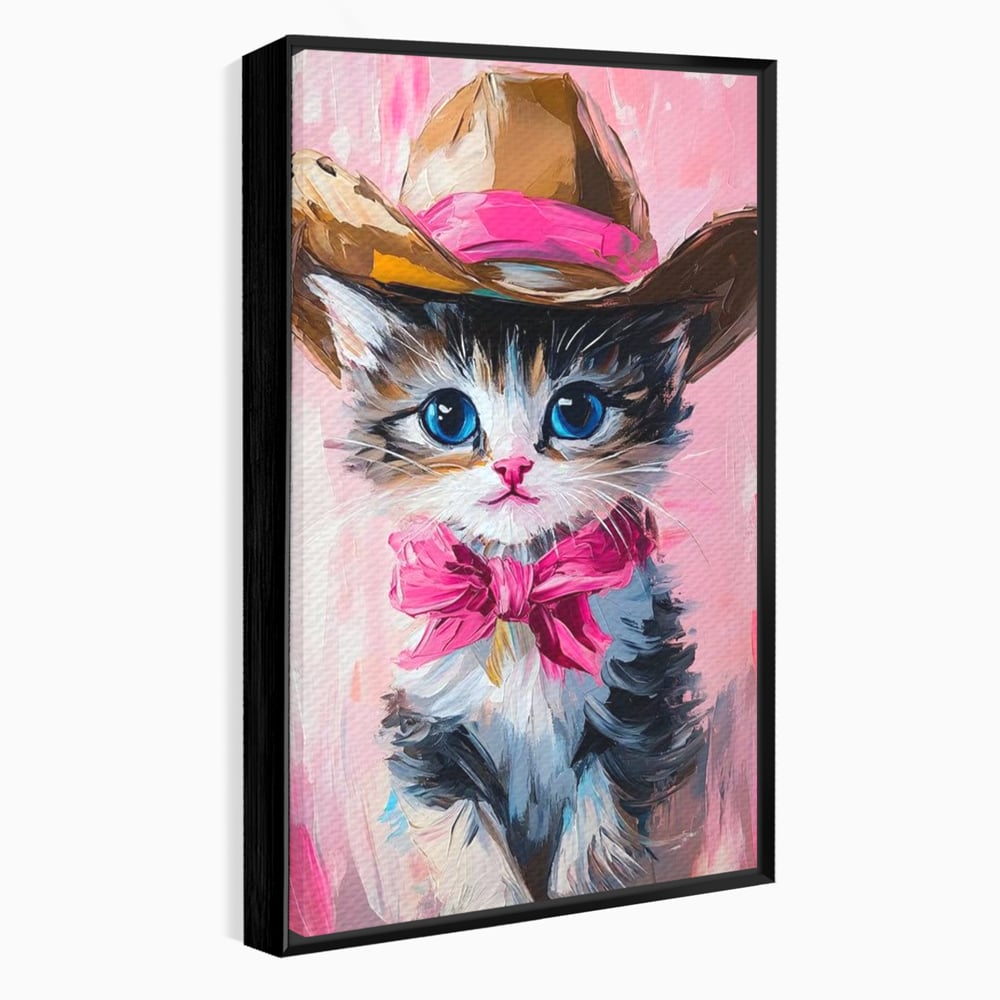 Tablou Canvas Premium, LuxCanva® M1496, Serif Pisicuta la Datorie, Cowboy, Pisica, Adorabil, Aventura, Roz, Fundita, Palarie, Copilarie, Dormitor, Birou, Living, Camera Copil