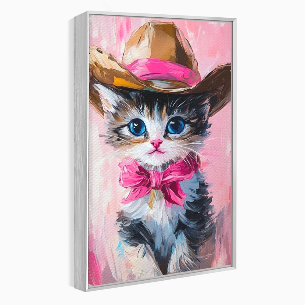 Tablou Canvas Premium, LuxCanva® M1496, Serif Pisicuta la Datorie, Cowboy, Pisica, Adorabil, Aventura, Roz, Fundita, Palarie, Copilarie, Dormitor, Birou, Living, Camera Copil