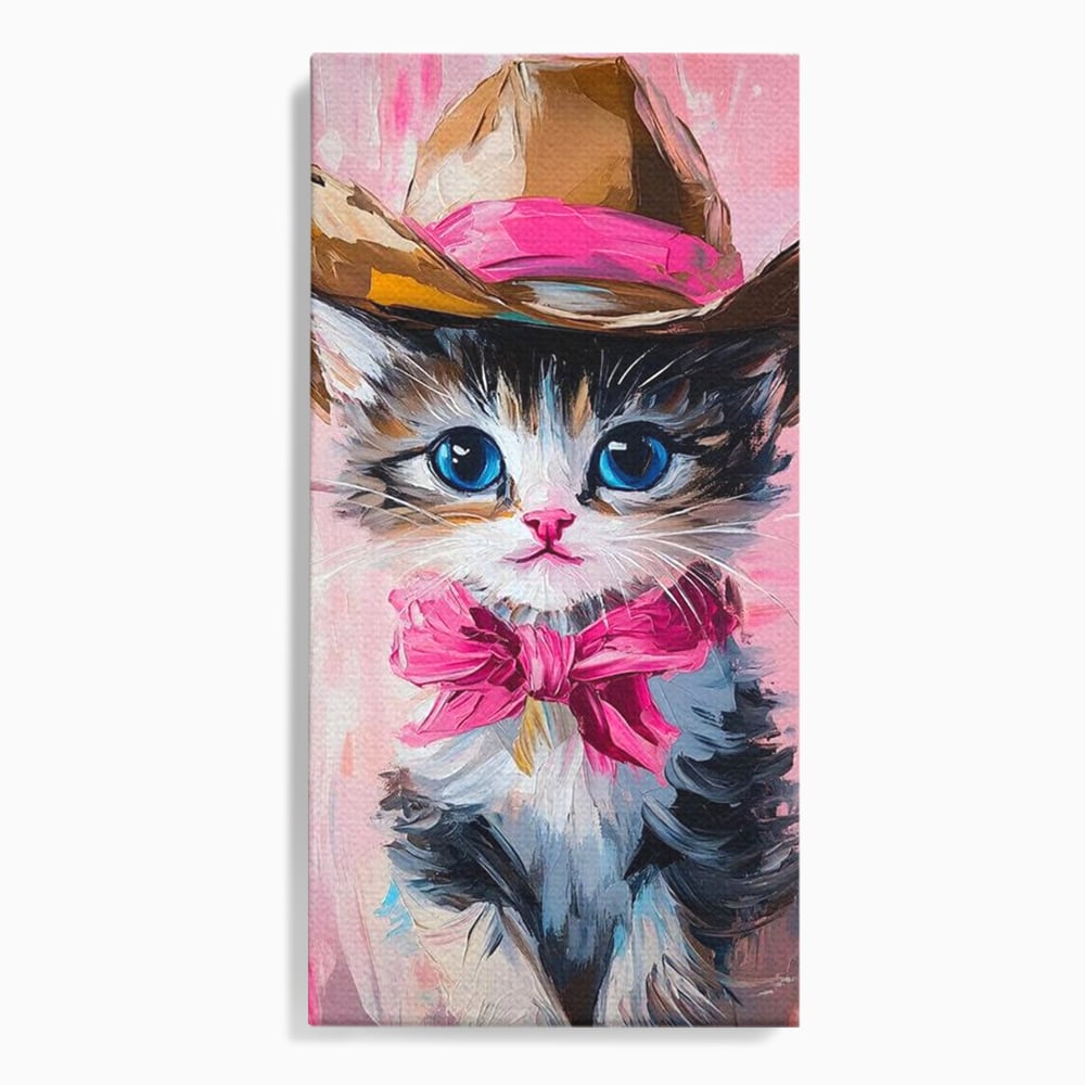 Tablou Canvas Premium, LuxCanva® M1496, Serif Pisicuta la Datorie, Cowboy, Pisica, Adorabil, Aventura, Roz, Fundita, Palarie, Copilarie, Dormitor, Birou, Living, Camera Copil