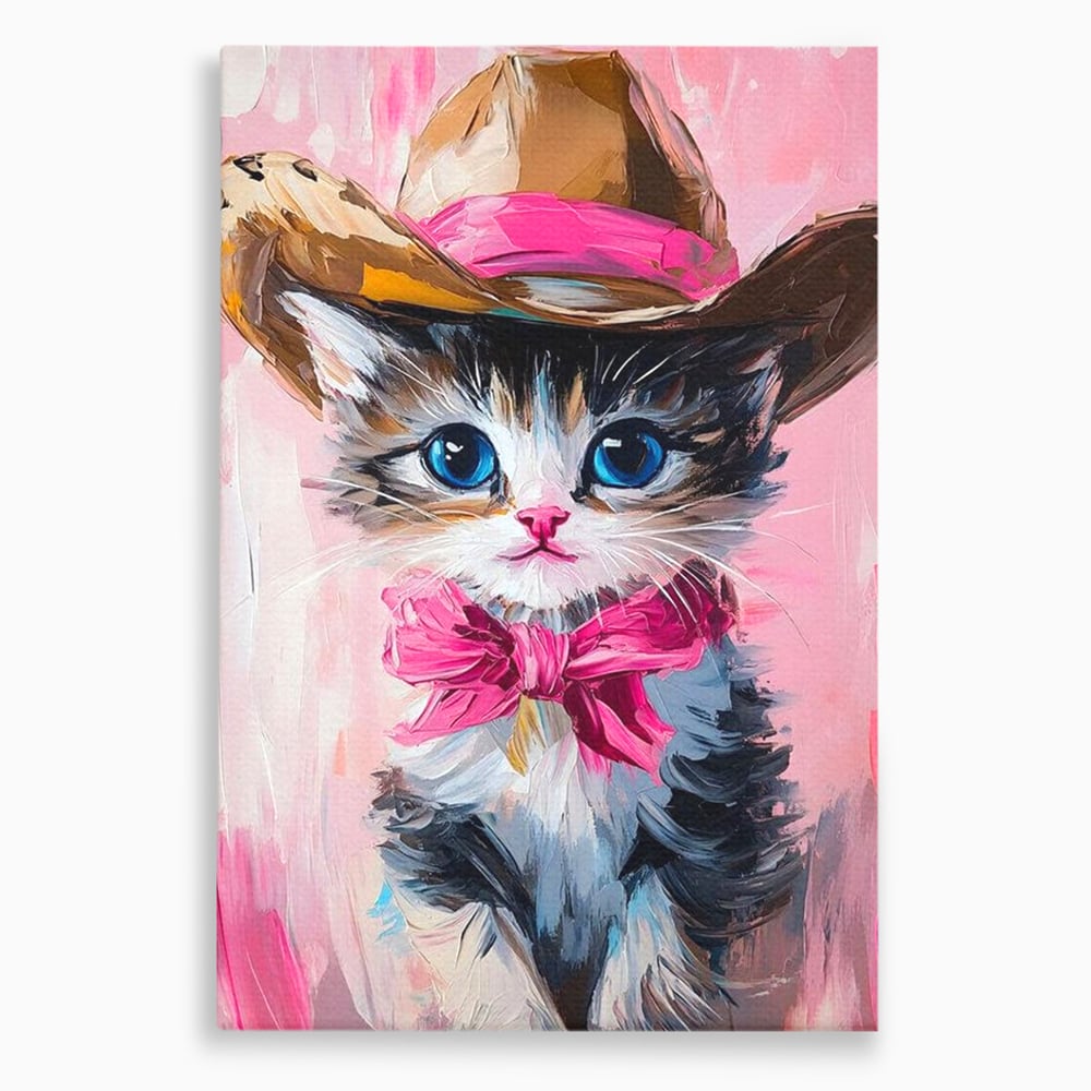 Tablou Canvas Premium, LuxCanva® M1496, Serif Pisicuta la Datorie, Cowboy, Pisica, Adorabil, Aventura, Roz, Fundita, Palarie, Copilarie, Dormitor, Birou, Living, Camera Copil