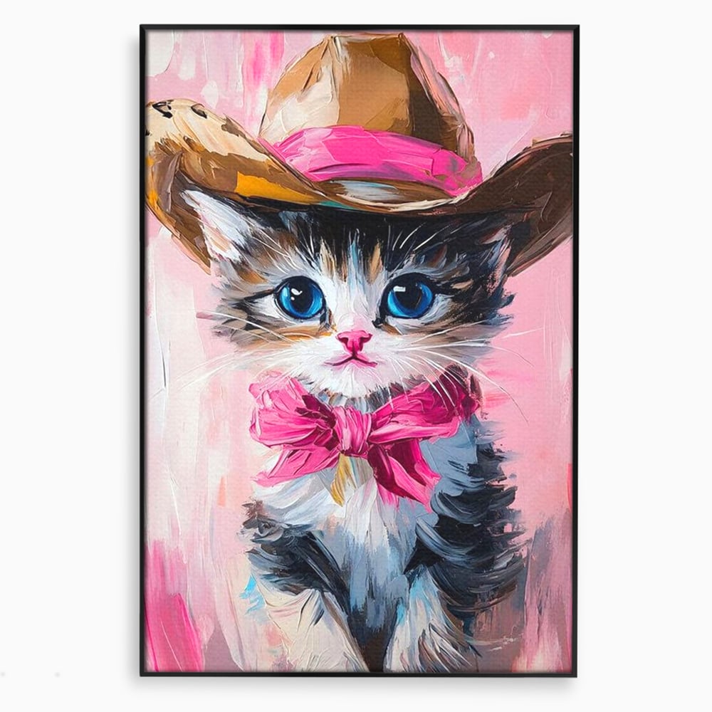 Tablou Canvas Premium, LuxCanva® M1496, Serif Pisicuta la Datorie, Cowboy, Pisica, Adorabil, Aventura, Roz, Fundita, Palarie, Copilarie, Dormitor, Birou, Living, Camera Copil