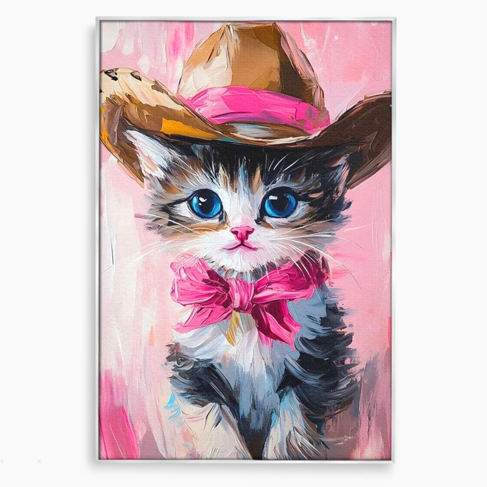 Tablou Canvas Premium, LuxCanva® M1496, Serif Pisicuta la Datorie, Cowboy, Pisica, Adorabil, Aventura, Roz, Fundita, Palarie, Copilarie, Dormitor, Birou, Living, Camera Copil
