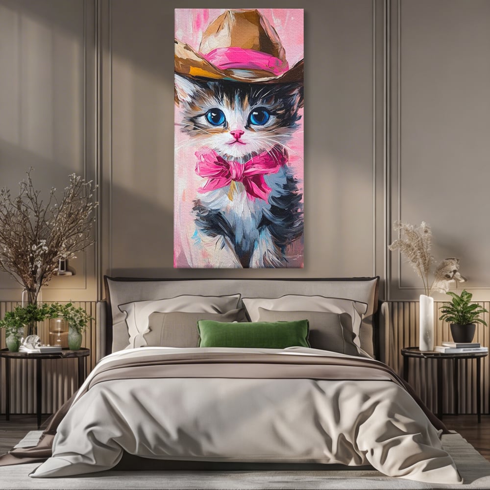 Tablou Canvas Premium, LuxCanva® M1496, Serif Pisicuta la Datorie, Cowboy, Pisica, Adorabil, Aventura, Roz, Fundita, Palarie, Copilarie, Dormitor, Birou, Living, Camera Copil