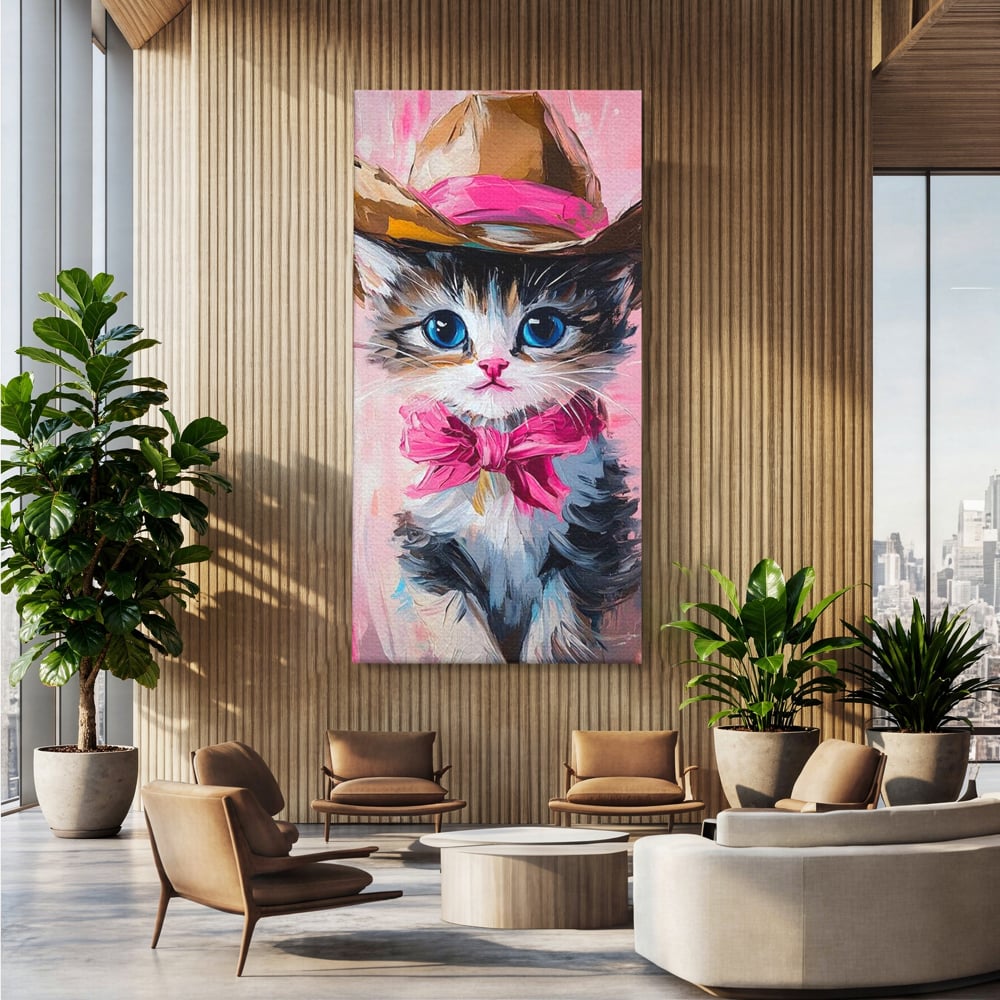 Tablou Canvas Premium, LuxCanva® M1496, Serif Pisicuta la Datorie, Cowboy, Pisica, Adorabil, Aventura, Roz, Fundita, Palarie, Copilarie, Dormitor, Birou, Living, Camera Copil