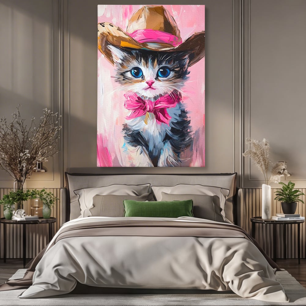 Tablou Canvas Premium, LuxCanva® M1496, Serif Pisicuta la Datorie, Cowboy, Pisica, Adorabil, Aventura, Roz, Fundita, Palarie, Copilarie, Dormitor, Birou, Living, Camera Copil