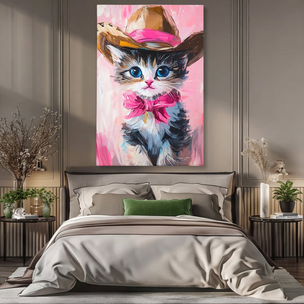 Tablou Canvas Premium, LuxCanva® M1496, Serif Pisicuta la Datorie, Cowboy, Pisica, Adorabil, Aventura, Roz, Fundita, Palarie, Copilarie, Dormitor, Birou, Living, Camera Copil
