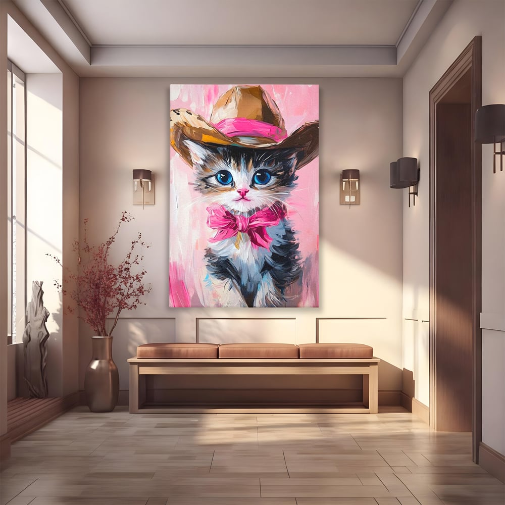 Tablou Canvas Premium, LuxCanva® M1496, Serif Pisicuta la Datorie, Cowboy, Pisica, Adorabil, Aventura, Roz, Fundita, Palarie, Copilarie, Dormitor, Birou, Living, Camera Copil