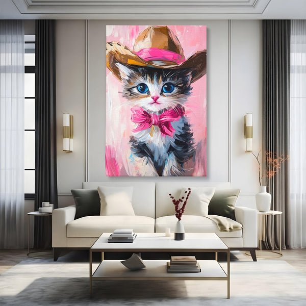 Tablou Canvas Premium, LuxCanva® M1496, Serif Pisicuta la Datorie, Cowboy, Pisica, Adorabil, Aventura, Roz, Fundita, Palarie, Copilarie, Dormitor, Birou, Living, Camera Copil