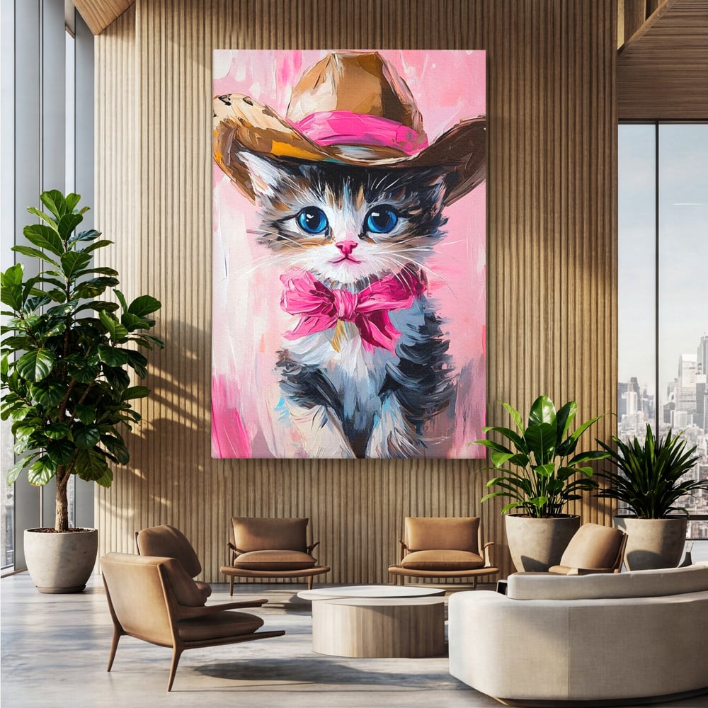 Tablou Canvas Premium, LuxCanva® M1496, Serif Pisicuta la Datorie, Cowboy, Pisica, Adorabil, Aventura, Roz, Fundita, Palarie, Copilarie, Dormitor, Birou, Living, Camera Copil
