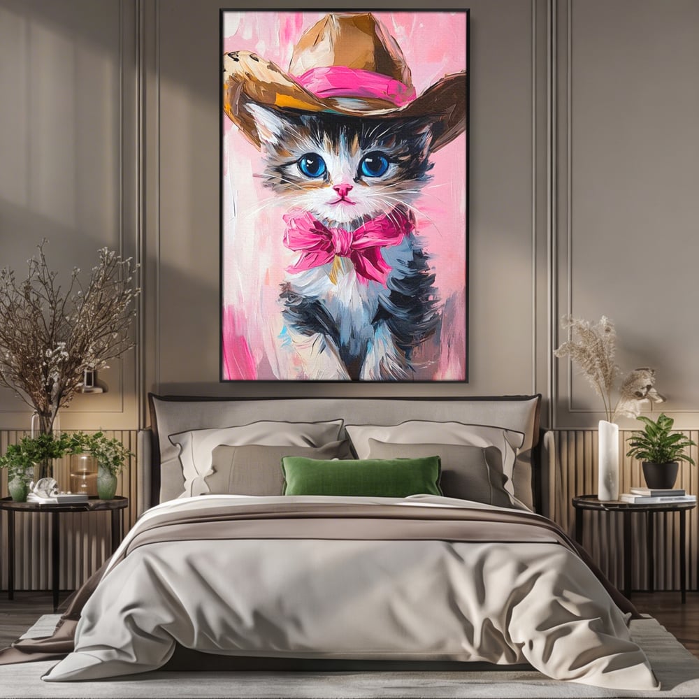 Tablou Canvas Premium, LuxCanva® M1496, Serif Pisicuta la Datorie, Cowboy, Pisica, Adorabil, Aventura, Roz, Fundita, Palarie, Copilarie, Dormitor, Birou, Living, Camera Copil