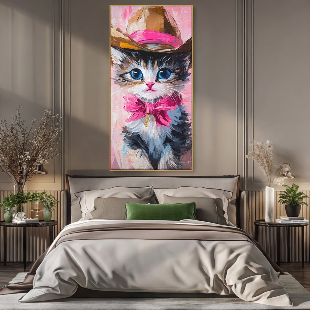 Tablou Canvas Premium, LuxCanva® M1496, Serif Pisicuta la Datorie, Cowboy, Pisica, Adorabil, Aventura, Roz, Fundita, Palarie, Copilarie, Dormitor, Birou, Living, Camera Copil