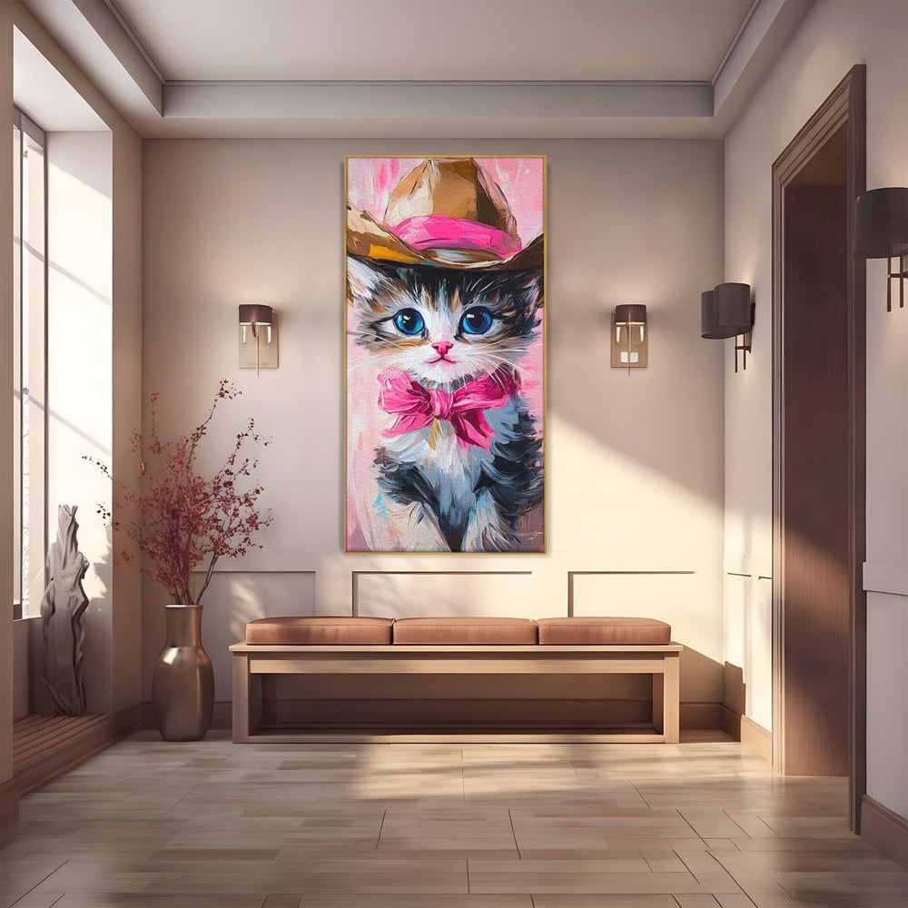 Tablou Canvas Premium, LuxCanva® M1496, Serif Pisicuta la Datorie, Cowboy, Pisica, Adorabil, Aventura, Roz, Fundita, Palarie, Copilarie, Dormitor, Birou, Living, Camera Copil
