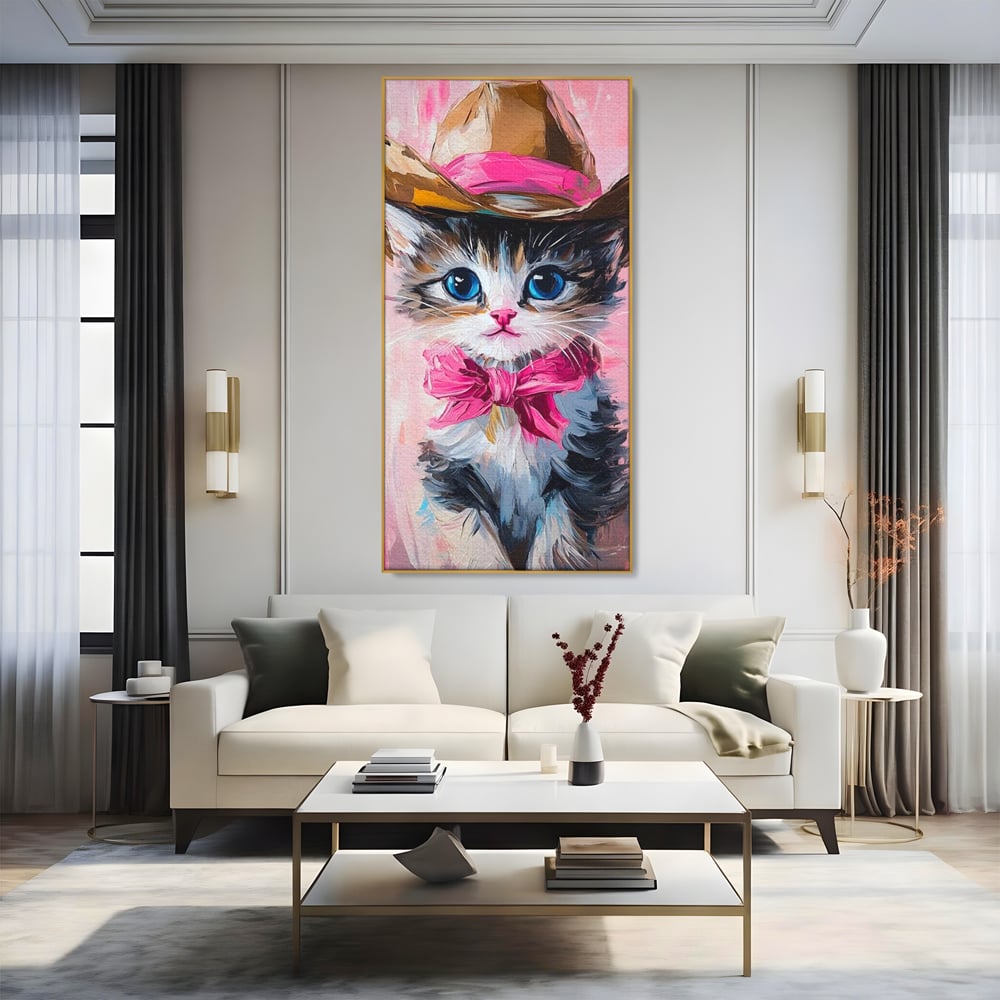 Tablou Canvas Premium, LuxCanva® M1496, Serif Pisicuta la Datorie, Cowboy, Pisica, Adorabil, Aventura, Roz, Fundita, Palarie, Copilarie, Dormitor, Birou, Living, Camera Copil