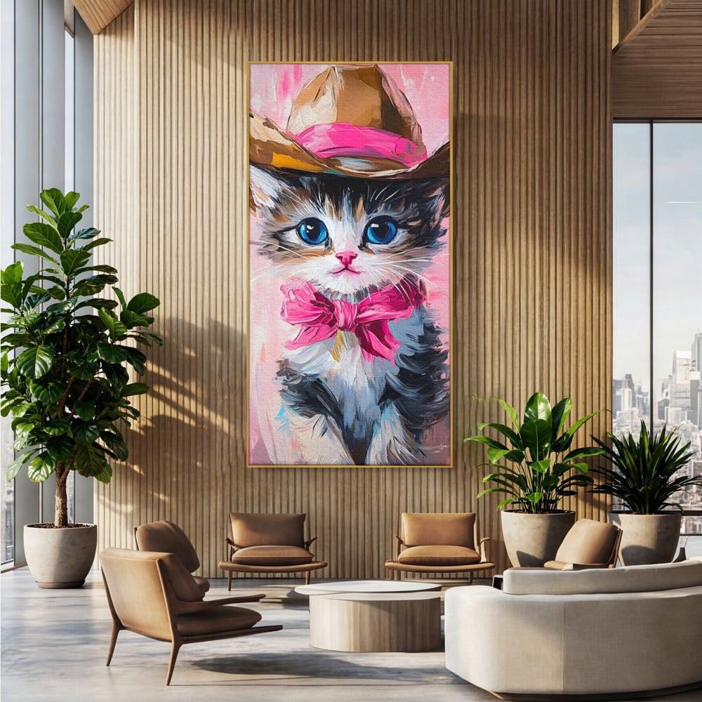 Tablou Canvas Premium, LuxCanva® M1496, Serif Pisicuta la Datorie, Cowboy, Pisica, Adorabil, Aventura, Roz, Fundita, Palarie, Copilarie, Dormitor, Birou, Living, Camera Copil