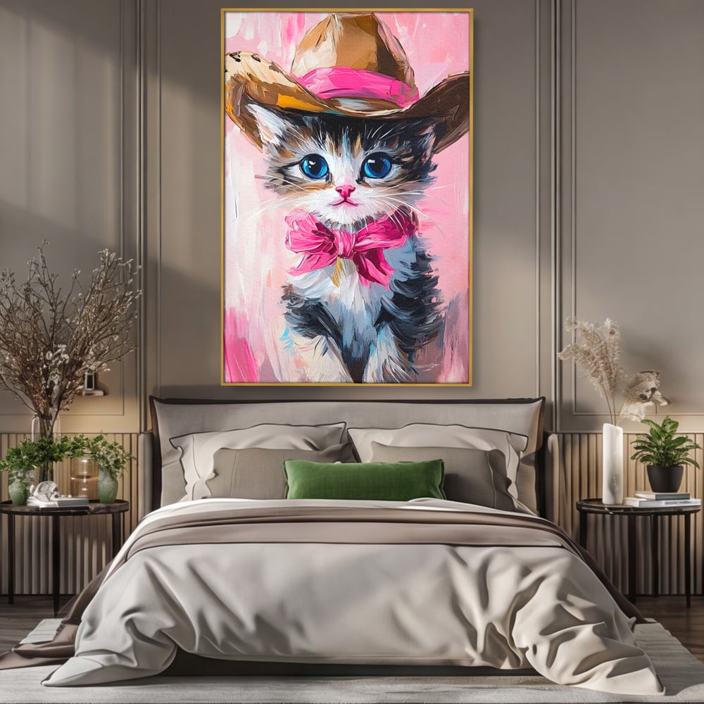 Tablou Canvas Premium, LuxCanva® M1496, Serif Pisicuta la Datorie, Cowboy, Pisica, Adorabil, Aventura, Roz, Fundita, Palarie, Copilarie, Dormitor, Birou, Living, Camera Copil