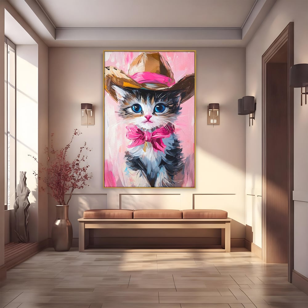 Tablou Canvas Premium, LuxCanva® M1496, Serif Pisicuta la Datorie, Cowboy, Pisica, Adorabil, Aventura, Roz, Fundita, Palarie, Copilarie, Dormitor, Birou, Living, Camera Copil