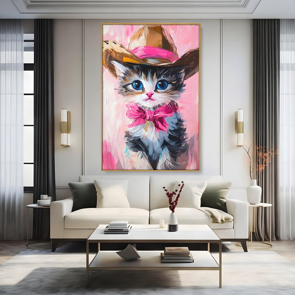 Tablou Canvas Premium, LuxCanva® M1496, Serif Pisicuta la Datorie, Cowboy, Pisica, Adorabil, Aventura, Roz, Fundita, Palarie, Copilarie, Dormitor, Birou, Living, Camera Copil