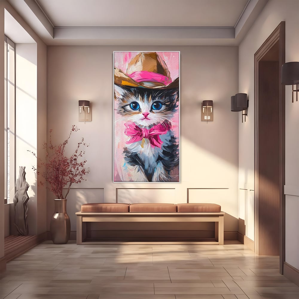 Tablou Canvas Premium, LuxCanva® M1496, Serif Pisicuta la Datorie, Cowboy, Pisica, Adorabil, Aventura, Roz, Fundita, Palarie, Copilarie, Dormitor, Birou, Living, Camera Copil