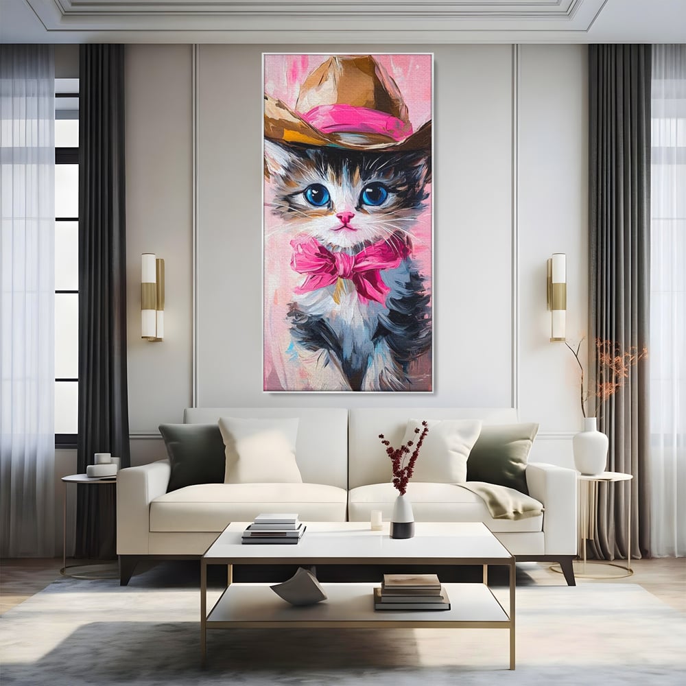 Tablou Canvas Premium, LuxCanva® M1496, Serif Pisicuta la Datorie, Cowboy, Pisica, Adorabil, Aventura, Roz, Fundita, Palarie, Copilarie, Dormitor, Birou, Living, Camera Copil