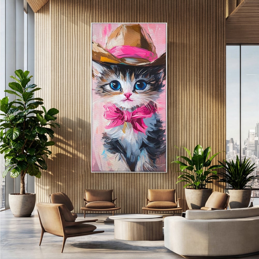 Tablou Canvas Premium, LuxCanva® M1496, Serif Pisicuta la Datorie, Cowboy, Pisica, Adorabil, Aventura, Roz, Fundita, Palarie, Copilarie, Dormitor, Birou, Living, Camera Copil