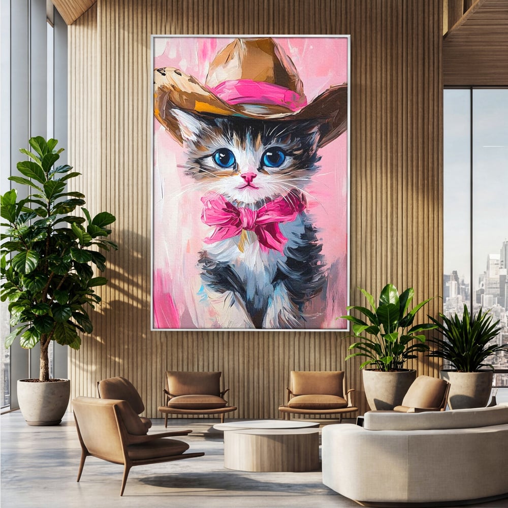 Tablou Canvas Premium, LuxCanva® M1496, Serif Pisicuta la Datorie, Cowboy, Pisica, Adorabil, Aventura, Roz, Fundita, Palarie, Copilarie, Dormitor, Birou, Living, Camera Copil