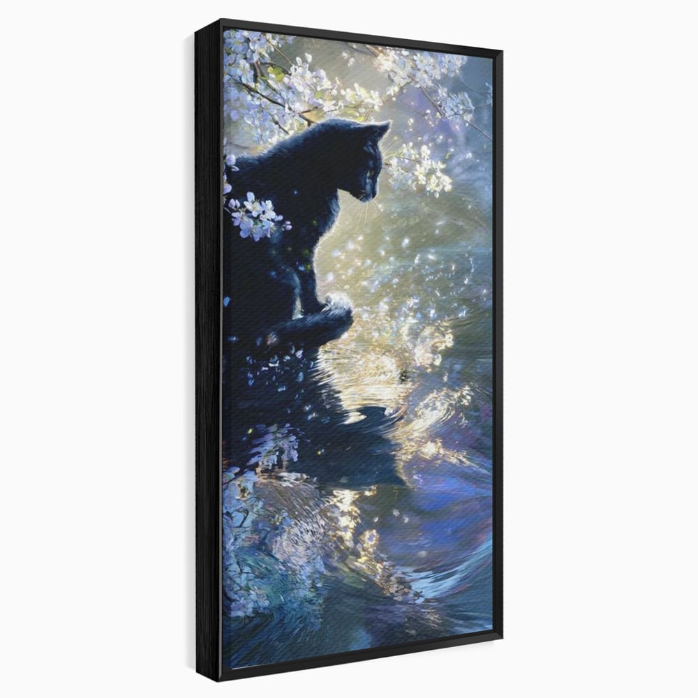 Tablou Canvas Premium, LuxCanva® M1498, Susur de Primavara, Pisica, Felina, Flori de Cires, Apa, Magie, Mistic, Primavara, Dormitor, Birou, Living, Camera Copil