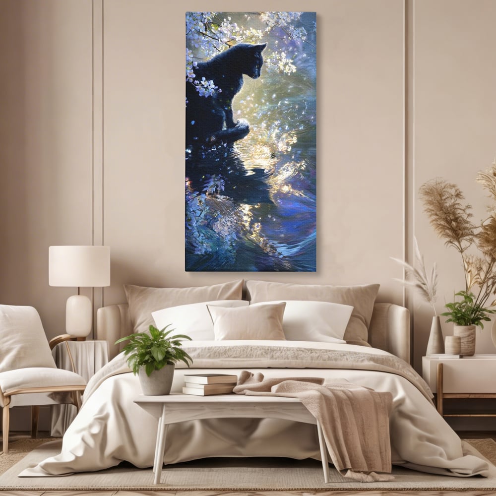 Tablou Canvas Premium, LuxCanva® M1498, Susur de Primavara, Pisica, Felina, Flori de Cires, Apa, Magie, Mistic, Primavara, Dormitor, Birou, Living, Camera Copil
