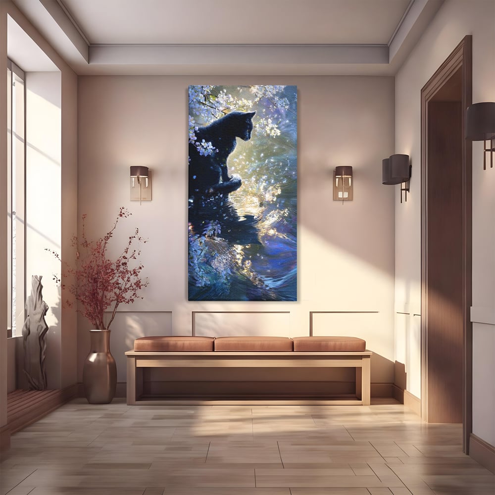 Tablou Canvas Premium, LuxCanva® M1498, Susur de Primavara, Pisica, Felina, Flori de Cires, Apa, Magie, Mistic, Primavara, Dormitor, Birou, Living, Camera Copil