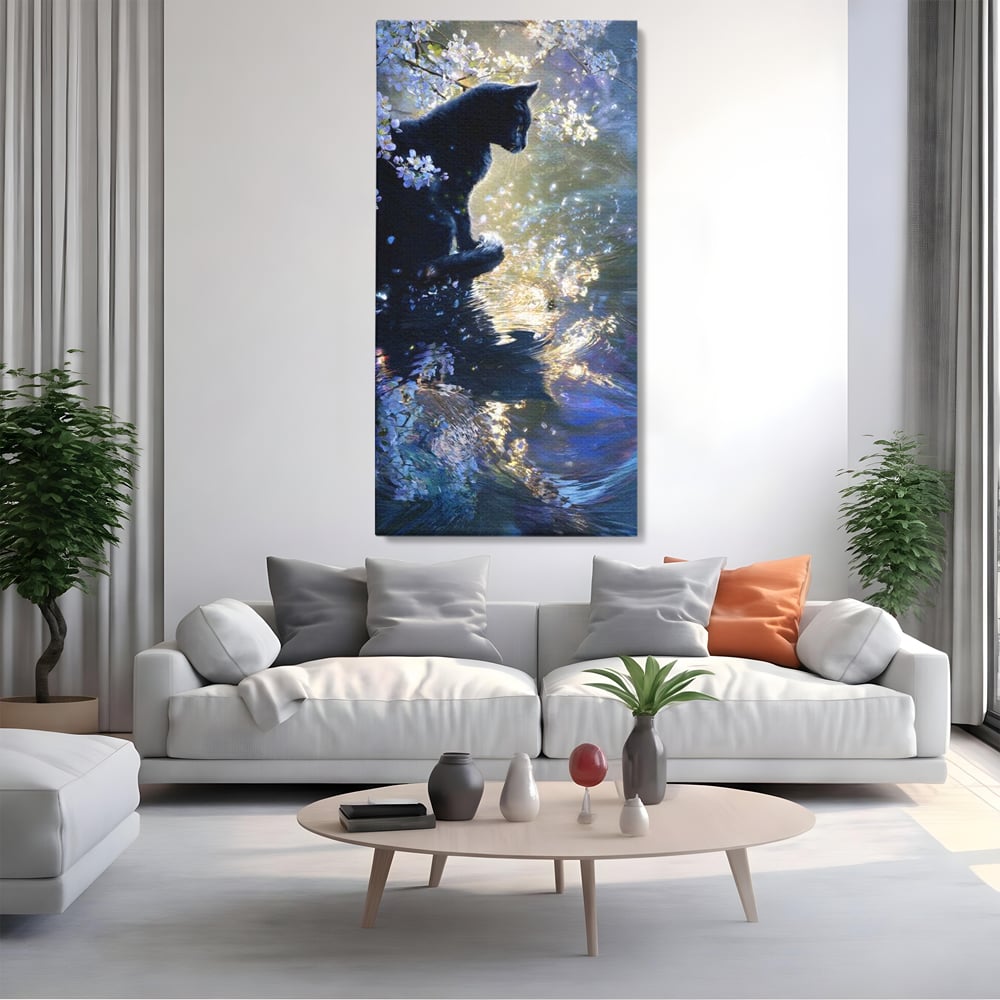 Tablou Canvas Premium, LuxCanva® M1498, Susur de Primavara, Pisica, Felina, Flori de Cires, Apa, Magie, Mistic, Primavara, Dormitor, Birou, Living, Camera Copil