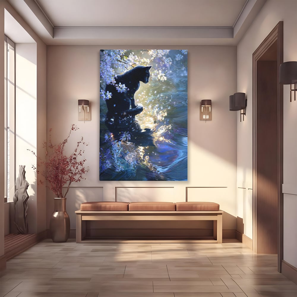 Tablou Canvas Premium, LuxCanva® M1498, Susur de Primavara, Pisica, Felina, Flori de Cires, Apa, Magie, Mistic, Primavara, Dormitor, Birou, Living, Camera Copil