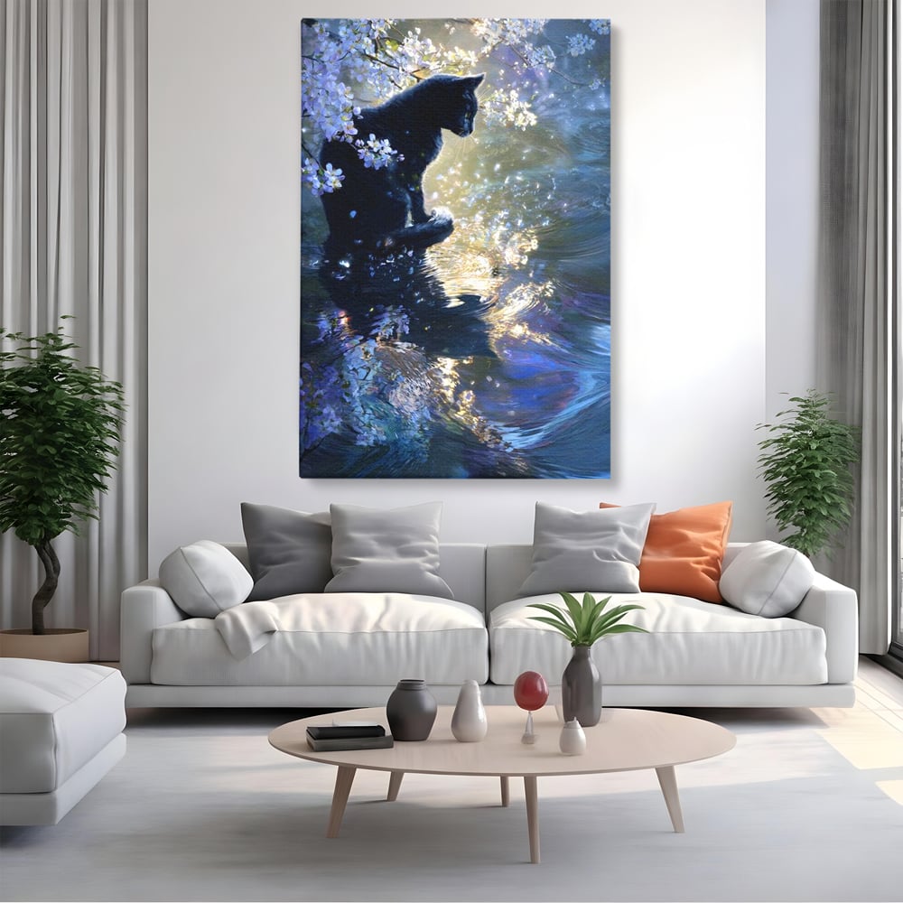 Tablou Canvas Premium, LuxCanva® M1498, Susur de Primavara, Pisica, Felina, Flori de Cires, Apa, Magie, Mistic, Primavara, Dormitor, Birou, Living, Camera Copil