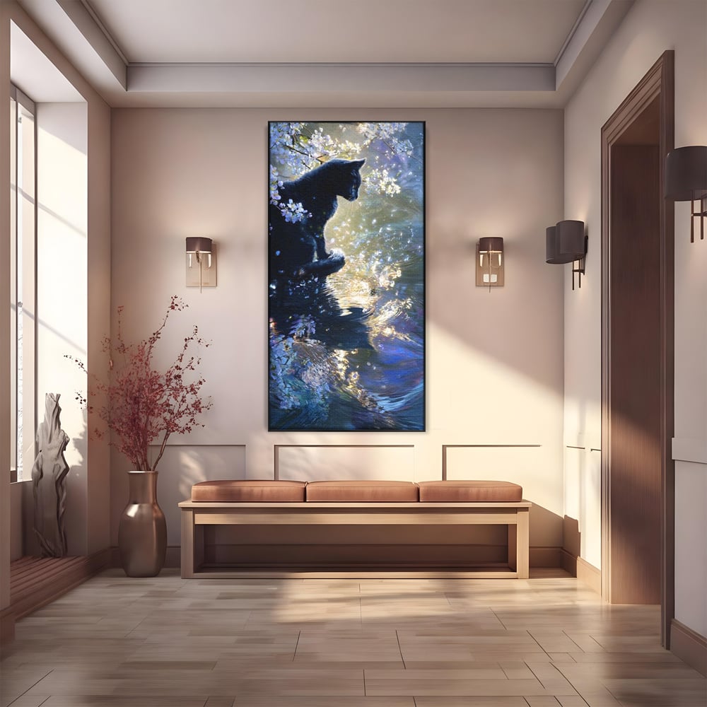Tablou Canvas Premium, LuxCanva® M1498, Susur de Primavara, Pisica, Felina, Flori de Cires, Apa, Magie, Mistic, Primavara, Dormitor, Birou, Living, Camera Copil