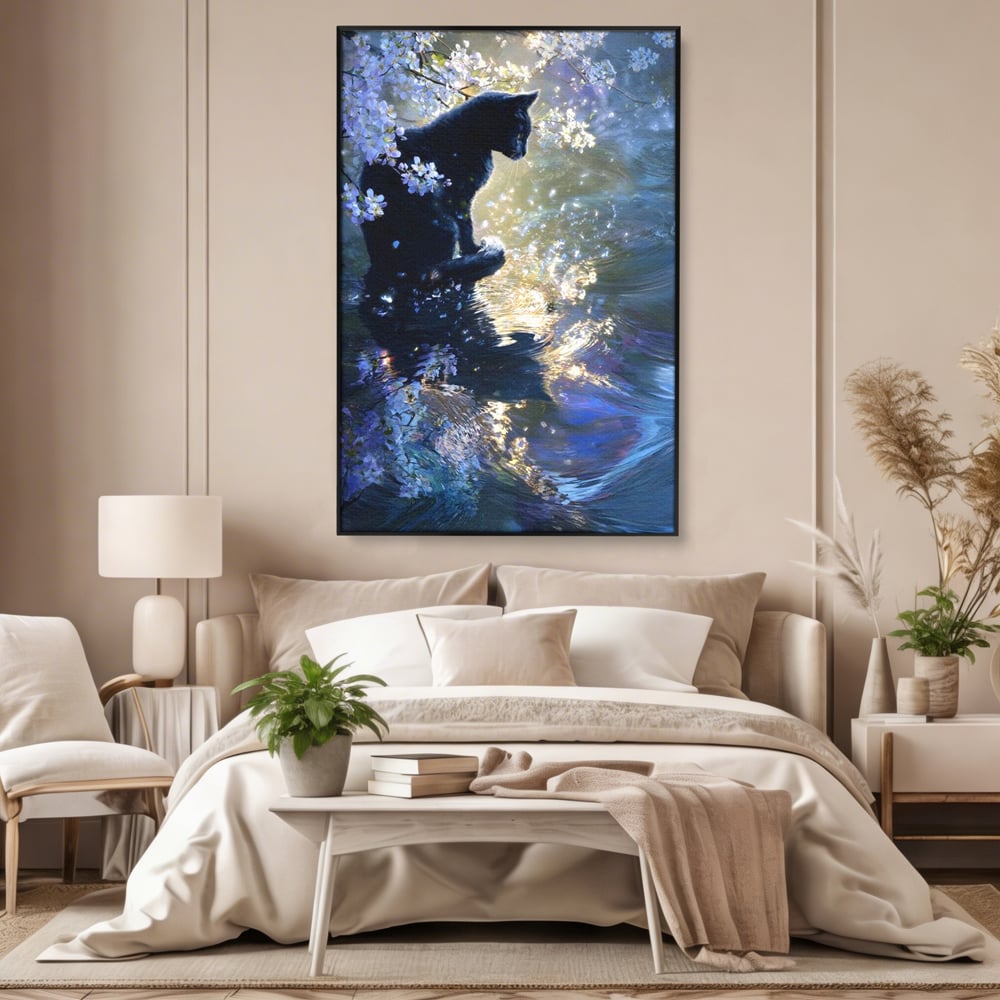 Tablou Canvas Premium, LuxCanva® M1498, Susur de Primavara, Pisica, Felina, Flori de Cires, Apa, Magie, Mistic, Primavara, Dormitor, Birou, Living, Camera Copil