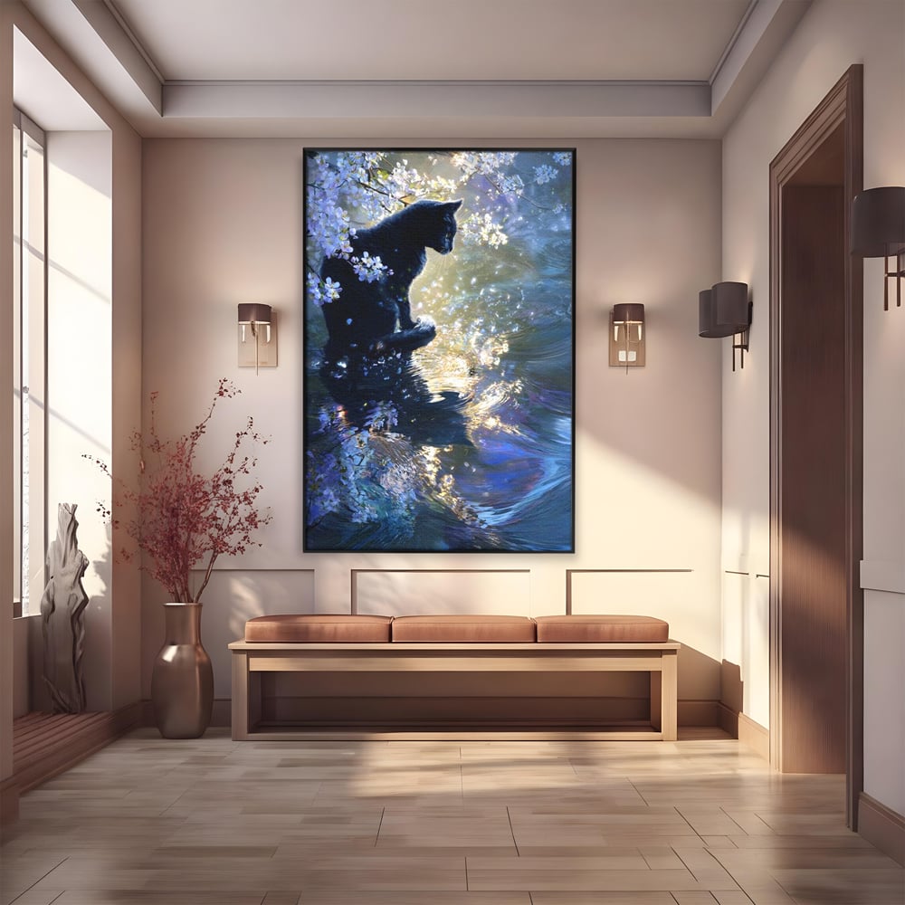 Tablou Canvas Premium, LuxCanva® M1498, Susur de Primavara, Pisica, Felina, Flori de Cires, Apa, Magie, Mistic, Primavara, Dormitor, Birou, Living, Camera Copil