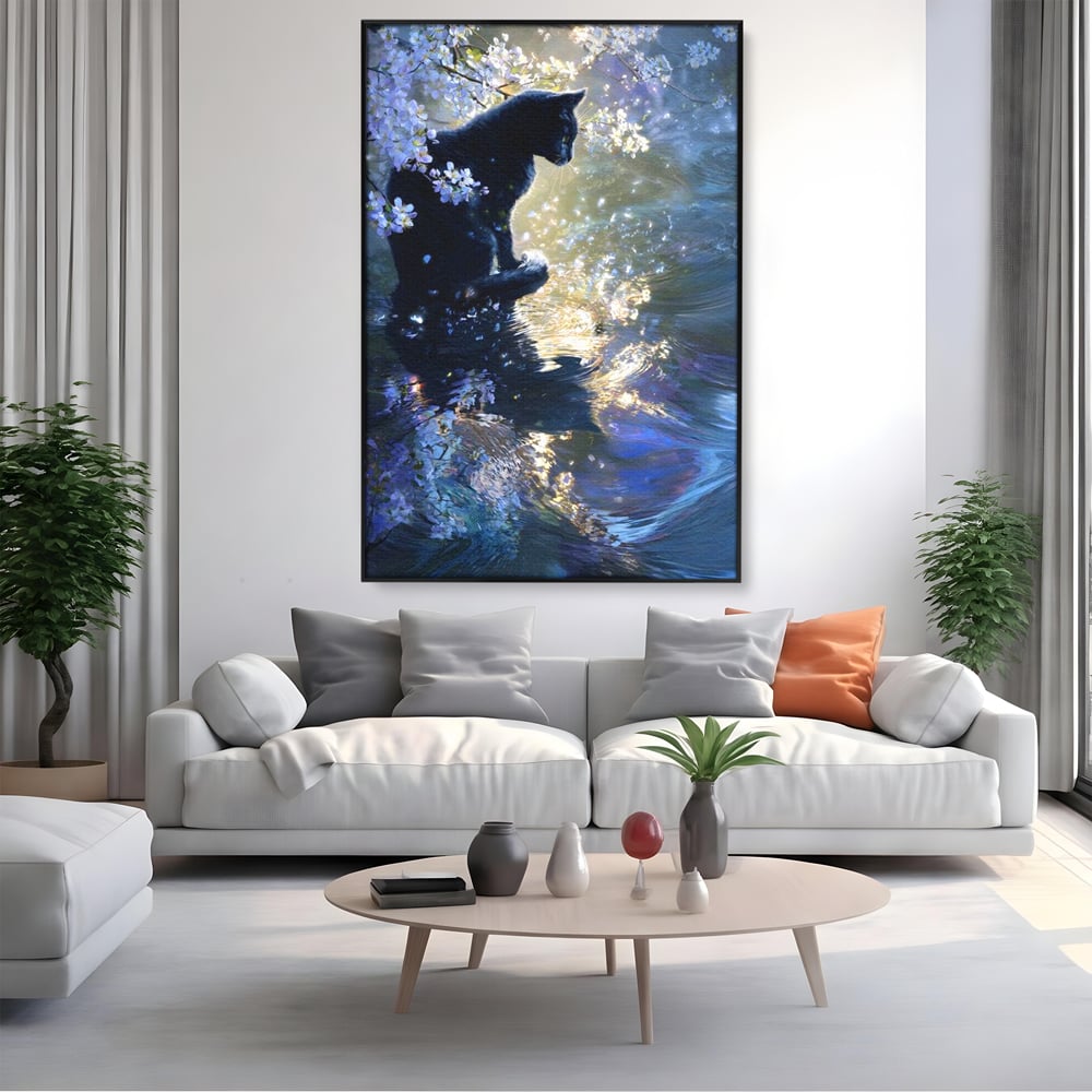 Tablou Canvas Premium, LuxCanva® M1498, Susur de Primavara, Pisica, Felina, Flori de Cires, Apa, Magie, Mistic, Primavara, Dormitor, Birou, Living, Camera Copil