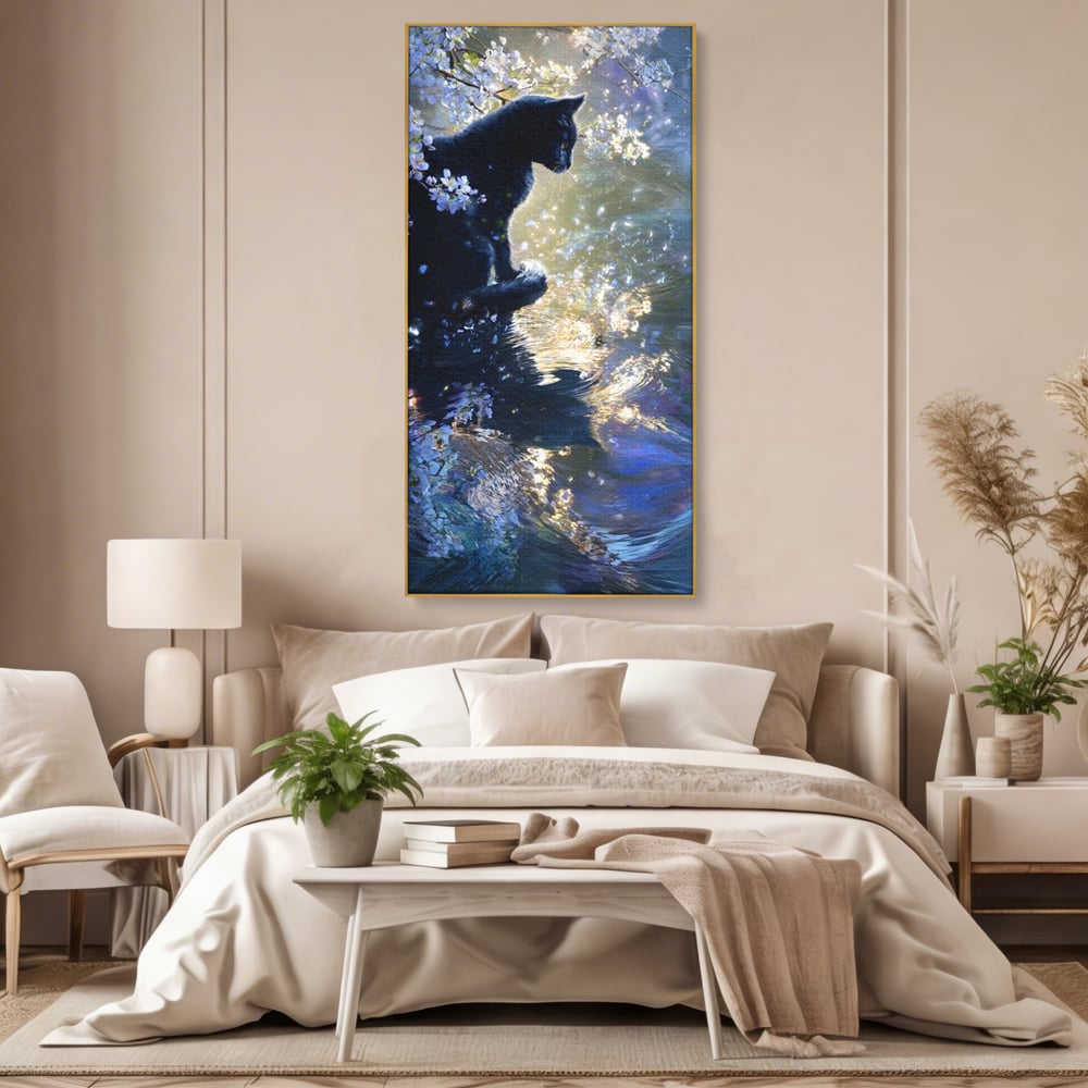 Tablou Canvas Premium, LuxCanva® M1498, Susur de Primavara, Pisica, Felina, Flori de Cires, Apa, Magie, Mistic, Primavara, Dormitor, Birou, Living, Camera Copil