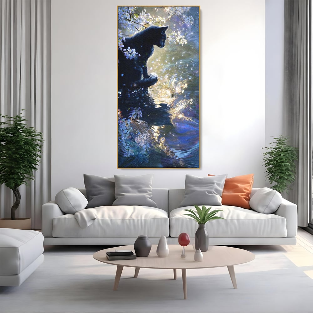 Tablou Canvas Premium, LuxCanva® M1498, Susur de Primavara, Pisica, Felina, Flori de Cires, Apa, Magie, Mistic, Primavara, Dormitor, Birou, Living, Camera Copil