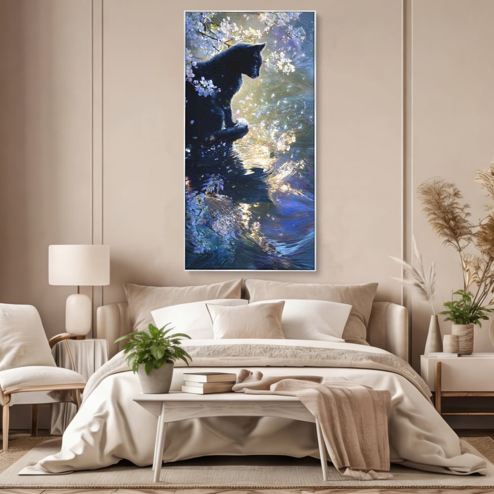 Tablou Canvas Premium, LuxCanva® M1498, Susur de Primavara, Pisica, Felina, Flori de Cires, Apa, Magie, Mistic, Primavara, Dormitor, Birou, Living, Camera Copil