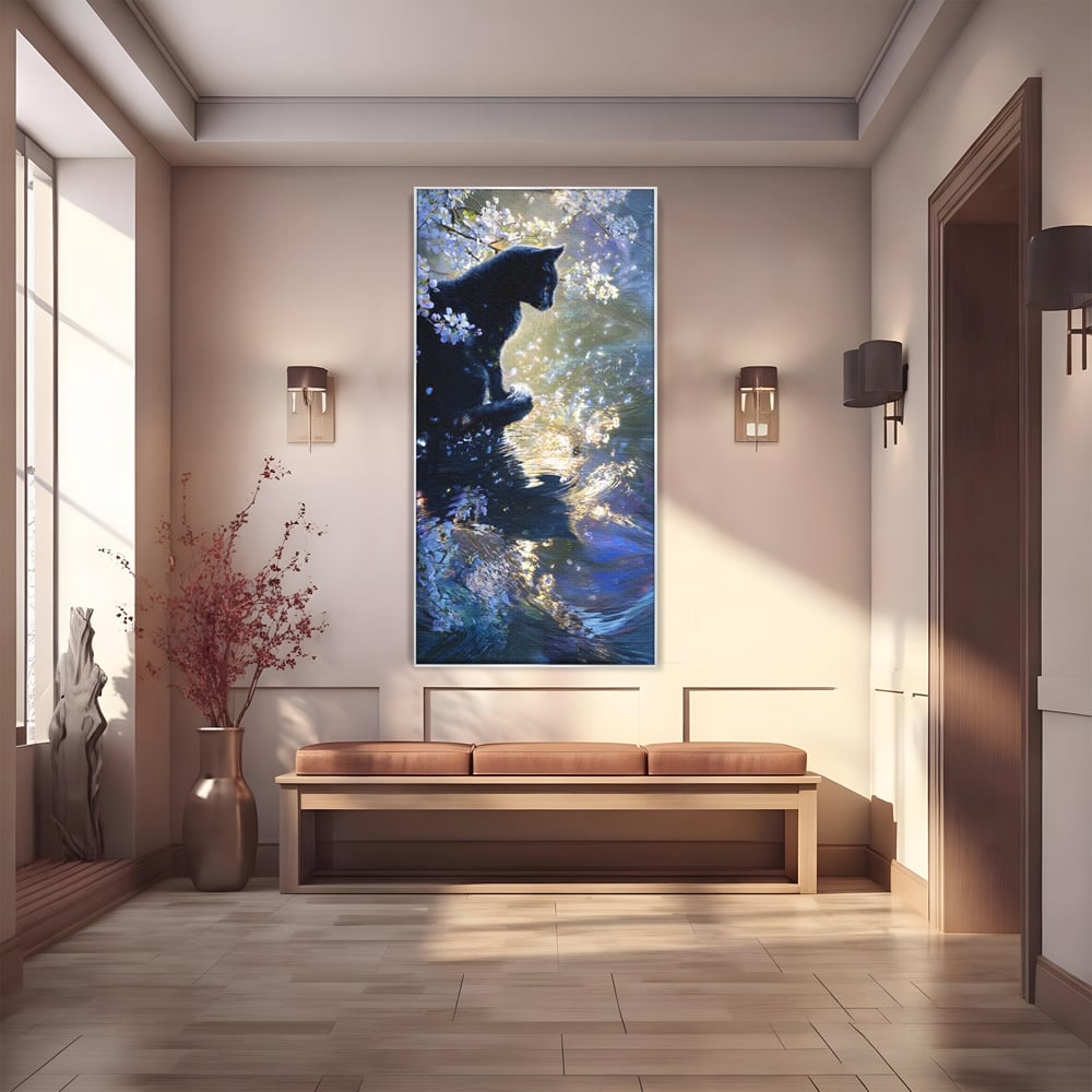 Tablou Canvas Premium, LuxCanva® M1498, Susur de Primavara, Pisica, Felina, Flori de Cires, Apa, Magie, Mistic, Primavara, Dormitor, Birou, Living, Camera Copil